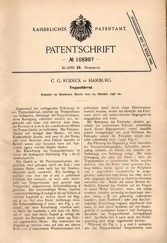 Original Patentschrift - C. Rodeck in Hamburg , 1898 , Fahrrad für Treppen , Treppenfahrrad , Treppenhaus !!!