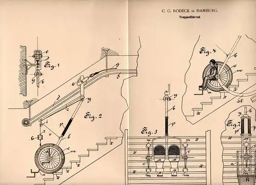 Original Patentschrift - C. Rodeck in Hamburg , 1898 , Fahrrad für Treppen , Treppenfahrrad , Treppenhaus !!!