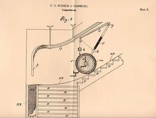 Original Patentschrift - C. Rodeck in Hamburg , 1898 , Fahrrad für Treppen , Treppenfahrrad , Treppenhaus !!!