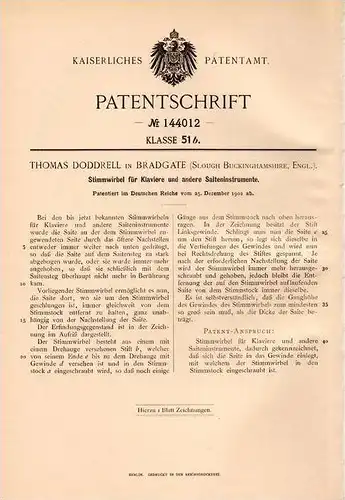 Original Patentschrift - Th. Doddrell in Bradgate , Buckinghamshire , 1902 , Piano - Stimmwirbel , Klavier !!!