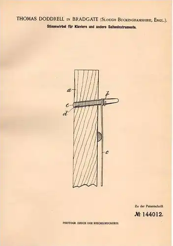 Original Patentschrift - Th. Doddrell in Bradgate , Buckinghamshire , 1902 , Piano - Stimmwirbel , Klavier !!!