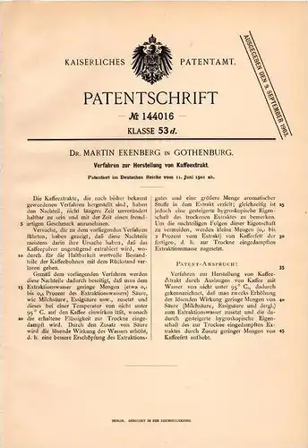 Original Patentschrift - Dr. M. Ekenberg in Gothenburg , Schweden , 1901 , Herstellung von Kaffee , Coffee !!!