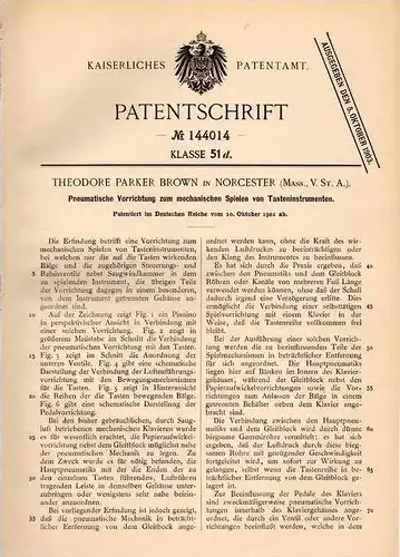Original Patentschrift - Th. Brown in Norcester , Mass., 1902 , Pneumatic für Piano , Klavier , Musik !!!
