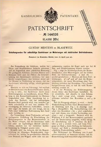 Original Patentschrift - G. Mertens in Blasewitz - Dresden , 1902, Sandstreuer an Motorwagen , Schaltung , Straßenbahn !