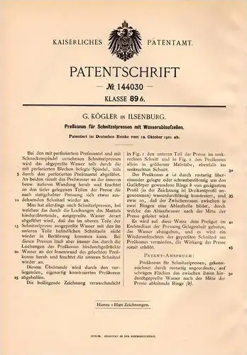 Original Patentschrift - G. Kögler in Ilsenburg , 1901 , Schnitzelpresse , Presse , Preßkonus !!!