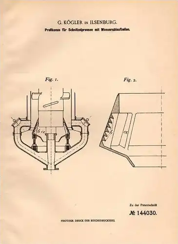 Original Patentschrift - G. Kögler in Ilsenburg , 1901 , Schnitzelpresse , Presse , Preßkonus !!!