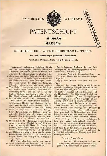 Original Patentschrift - O. Böttcher und F. Breidenbach in Werder a. Havel , 1902 , Zeitungshalter , Zeitung !!!