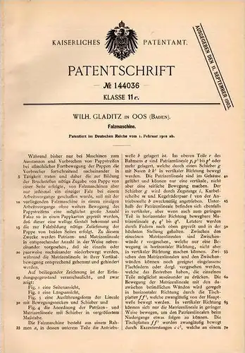 Original Patentschrift - W. Gladitz in Oos , Baden-Baden , 1902 , Falzmaschine !!!