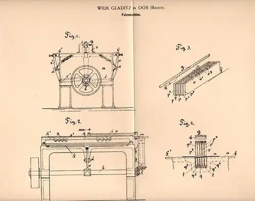 Original Patentschrift - W. Gladitz in Oos , Baden-Baden , 1902 , Falzmaschine !!!