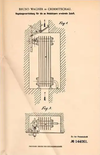 Original Patentschrift - B. Wagner in Crimmitschau , 1902 , Regler für Heizung , Heizkörper !!!
