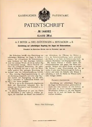 Original Patentschrift - A.F. Beyer in Neu Dötzingen b. Hitzacker a.E. ,1902,Regelung für Schornstein , Schornsteinfeger