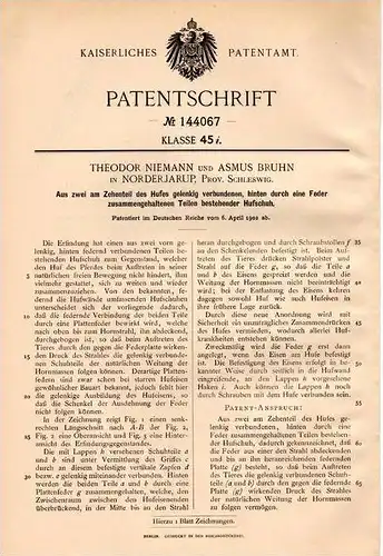 Original Patentschrift - Th. Niemann und A. Bruhn in Norderbrarup , Schleswig ,1902 , Hufeisen aus zwei Teilen , Pferd !