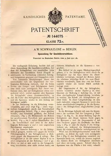 Original Patentschrift - A.W. Schwarzlose in Berlin , 1901 , Spannabzug für Kanone , Geschütz , Waffe !!!