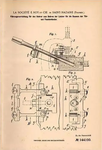 Original Patentschrift - E. Roy et Cie in Saint-Nazaire , 1902 , Bohrer für Fenster und Türen !!!