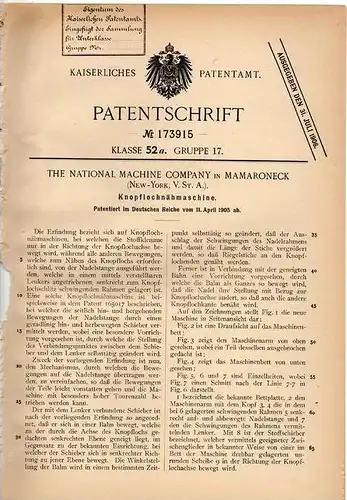 Original Patentschrift - The National Machine Comp. in Mamaroneck , USA , 1905 , Knopfloch - Nähmaschine , Näherei !!!