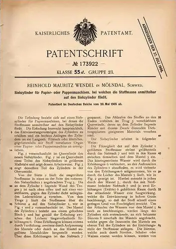 Original Patentschrift - R. Wendel in Mölndal , Schweden , 1905 Zylinder für Papiermaschine , Papier , Pappe !!!