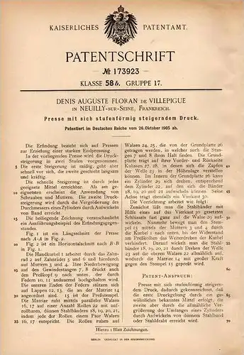 Original Patentschrift - D. F. de Villepigue in Neuilly sur Seine , 1905 , Presse mit steigerndem Druck  !!!