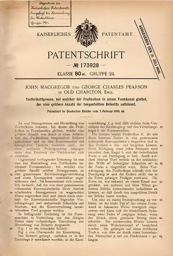 Original Patentschrift - G. Pearson in Old Charlton , 1905 , Torf - Brikettpresse , Brikett , Kohle , Presse !!!