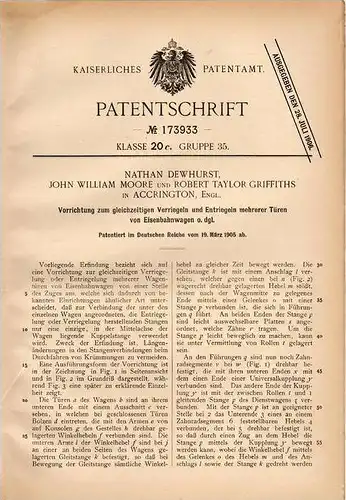 Original Patentschrift - N. Dewhurst und T. Griffiths in Accrington , 1905 , Verriegelung von Eisenbahn , Waggon , Train