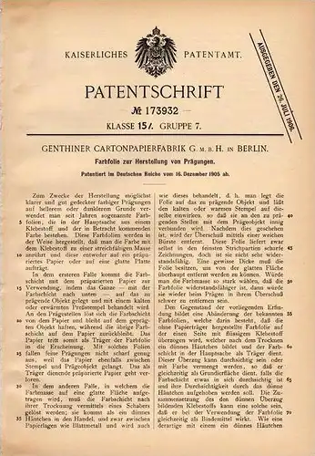 Original Patentschrift - Cartonpapierfabrik Genthin , 1905 , Farbfolie für Prägungen , Prägung , Druckerei , Druck !!!