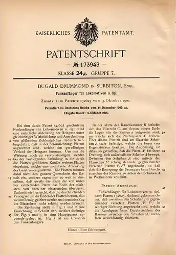 Original Patentschrift - D. Drummond in Surbiton , 1905 , Funkenfänger für Lokomotive , locomotive , train !!!