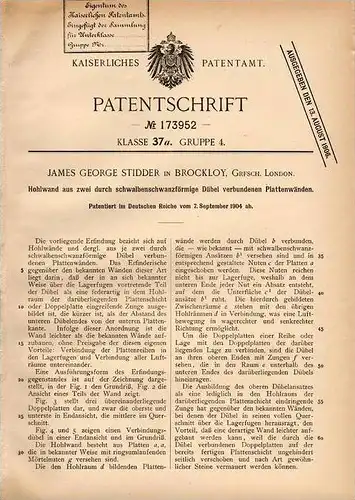 Original Patentschrift - J. Stidder in Brockley , London ,1904 , Hohlwand aus Platten , architecture !!!