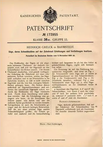 Original Patentschrift - H. Grelck in Barmstedt , 1904 , Säge gegen Heißlauf , Tischlerei , Sägewerk , Holz !!!