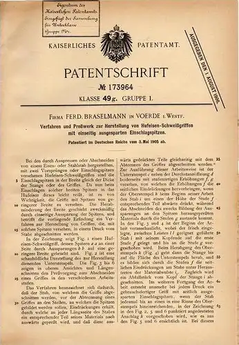 Original Patentschrift - F. Braselmann in Voerde i. Westf., 1905 , Preßwerk für Hufeisen - Schweißgriffe !!!