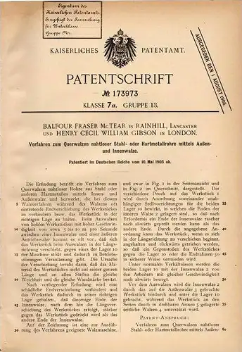 Original Patentschrift - B. McTear in Rainhill , Lancaster , 1903 , Maschine zum Walzen von Stahl , Metall , Rohre !!!