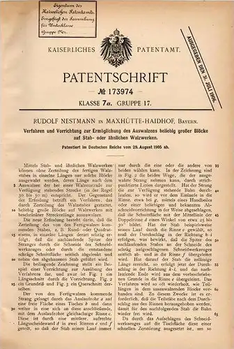 Original Patentschrift - R. Nestmann in Maxhütte - Haidhof , Bayern , 1905 , Apparat für Walzwerke , Walzen !!!