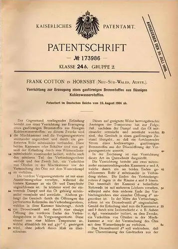 Original Patentschrift - F. Cotton in Hornsby , New South Wales , 1904 , Erzeugung von Brennstoff , Australia !!!