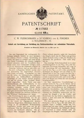 Original Patentschrift - C.W. Fleischmann und K. Fischer in Sulzbach i. Oberpfalz , 1900 , Schloß für Tür , Türschloss !