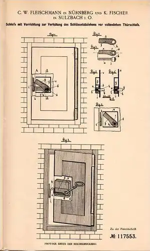 Original Patentschrift - C.W. Fleischmann und K. Fischer in Sulzbach i. Oberpfalz , 1900 , Schloß für Tür , Türschloss !