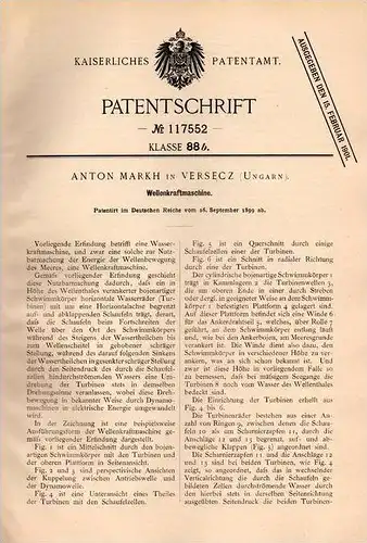 Original Patentschrift - A. Markh in Versecz / Vrsac , Ungarn , 1899 , Kraftmaschine für Wellen , Ozean , Ocean , Meer