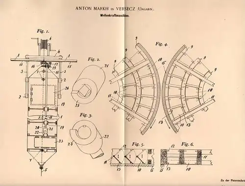 Original Patentschrift - A. Markh in Versecz / Vrsac , Ungarn , 1899 , Kraftmaschine für Wellen , Ozean , Ocean , Meer