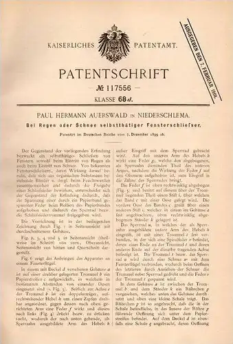 Original Patentschrift - P. Auerswald in Niederschlema / Schlema , 1899 , Fensterschließer bei Schnee und Regen !!!