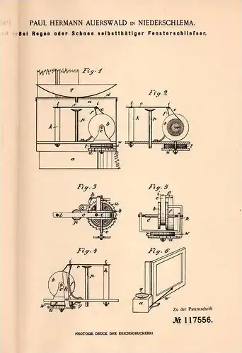 Original Patentschrift - P. Auerswald in Niederschlema / Schlema , 1899 , Fensterschließer bei Schnee und Regen !!!