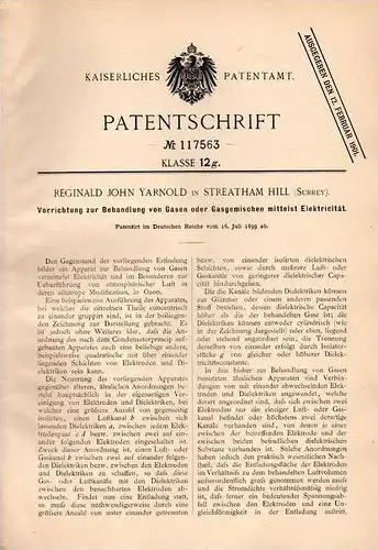 Original Patentschrift - R. Yarnold in Streatham Hill , Surrey , 1899 , Apparat für Gase mit Elektricität !!!