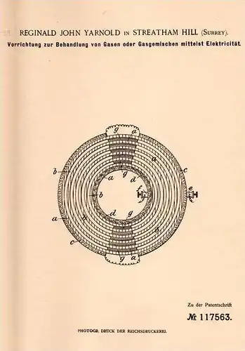 Original Patentschrift - R. Yarnold in Streatham Hill , Surrey , 1899 , Apparat für Gase mit Elektricität !!!