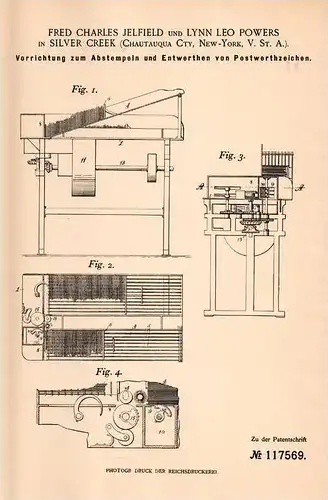 Original Patentschrift -F. Jelfield und L. Powers in Silver Creek , Chautauqua ,1899, Apparat für Postwertzeichen , Post