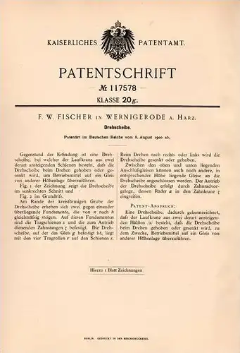 Original Patentschrift - F.W. Fischer in Wernigerode a. Harz , 1900 , Drehscheibe  !!!