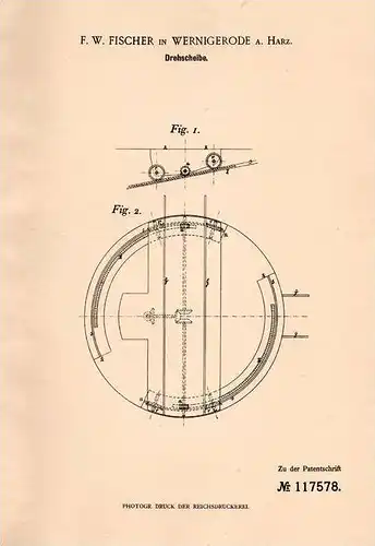 Original Patentschrift - F.W. Fischer in Wernigerode a. Harz , 1900 , Drehscheibe  !!!