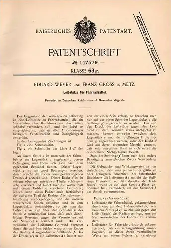 Original Patentschrift - Eduard Wever und F Gross in Metz , 1899 , Fahrrad - Sattel , Leibstütze , bicycle !!!