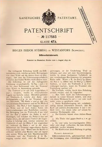 Original Patentschrift - B. Rydberg in Westanfors , Sweden , 1899 , Differential - Getriebe !!!