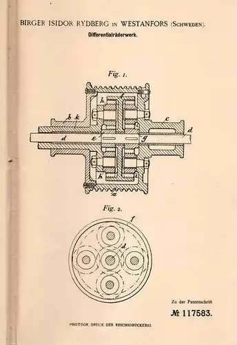 Original Patentschrift - B. Rydberg in Westanfors , Sweden , 1899 , Differential - Getriebe !!!