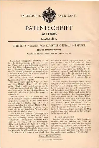 Original Patentschrift - B. Beyer , Atelier für Geigenbau in Erfurt ,1899, Steg für Geige , Cello , Violine , Stradivari