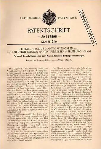 Original Patentschrift - F- Wiengreen in Hamburg - Hamm ,1899, Rettungs - Schwimmkörper mit Gas , Seenotrettung , Seenot