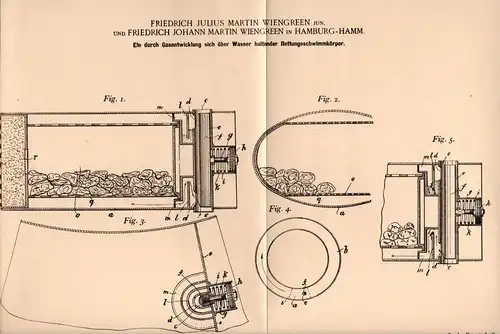 Original Patentschrift - F- Wiengreen in Hamburg - Hamm ,1899, Rettungs - Schwimmkörper mit Gas , Seenotrettung , Seenot