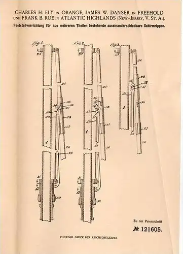 Original Patentschrift - J. Danser in Freehold und B. Rue in Atlantic Highlands , New Jersey ,1900, Schirm , Regenschirm