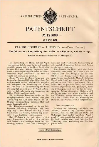 Original Patentschrift - C. Coudert in Thiers , Puy de Dóme , 1900 , Herstellung von Messer und Gabel , Besteck !!!